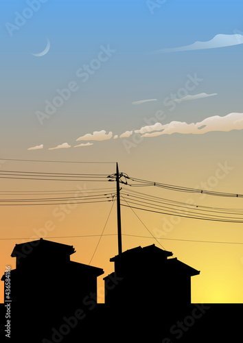 Vector illustration of sunset sky and house silhouette