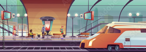 Railway station with people waiting train on platform. Vector cartoon interior of city subway waiting terminal with benches, schedule, locomotive on railroad and passengers