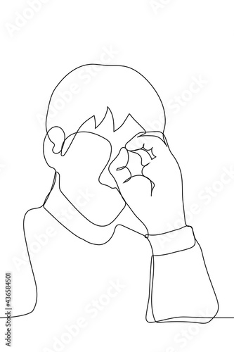 portrait of man who folded palm into the shape of binoculars and applied it to eye - one line drawing. tracking concept at a distance, trying to look into future, imitation of astronomer or pirate