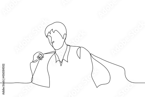 man takes off his jacket - one line drawing. concept man undressing after working day in the office