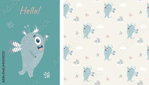 Seamless pattern and card with cute blue winged monster. Fantastic character - a boy on a light gray background with rainbows and butterflies. Vector. Scandinavian style. Childrens collection