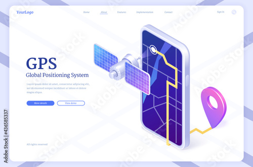 GPS isometric landing page, global positioning system, navigation app on smartphone screen with map route. Application for satellite radionavigation or tracking on mobile device, 3d vector web banner