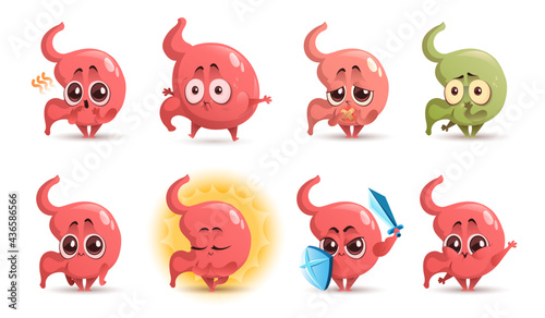 Cartoon stomach character, cute mascot with sword and shield, ulcer, stomachache, nausea and belching, Funny tummy swollen and hungry, relaxed meditating. Health care and medicine Vector icons set