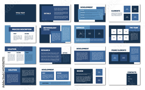 Presentation template. Blue and white rectangles flat design, 16 slides. Title, detail, development, element, process description, methodology, service, team, solution.