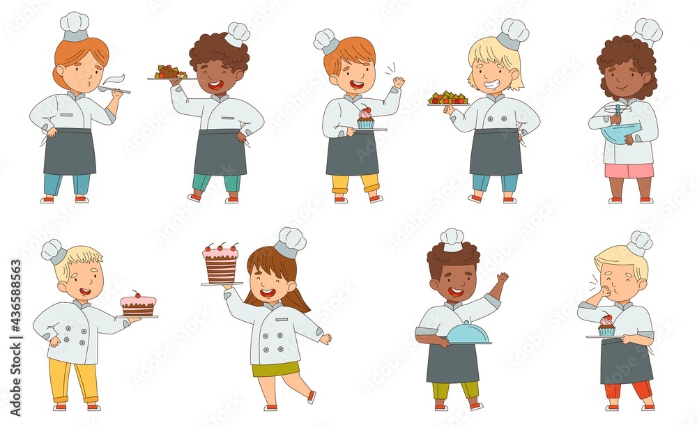 Children Chef in White Toque and Uniform Engaged in Food Preparation Vector Set Children Chef in White Toque and Uniform Engaged in Food Preparation Vector Set