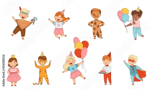 Cheerful Children in Masquerade Costumes and with Face Painting Engaged in Festive Celebration Vector Set