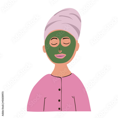 Young calm woman in beauty mask and towel on her head. Cartoon hand drawn vector illustration isolated on white.