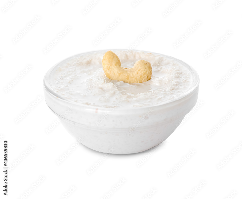Bowl with cashew sour cream on white background Bowl with cashew sour cream on white background