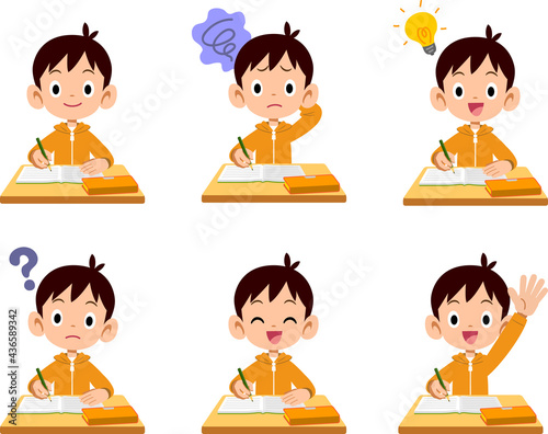授業を受ける男の子の6種類の表情と仕草
