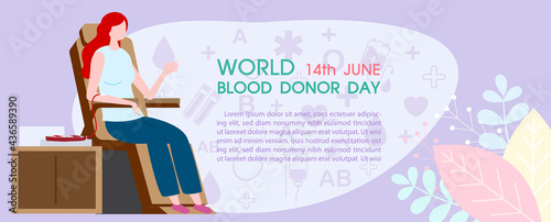 Young woman in cartoon character donating blood with wording of blood donor day and example texts, decoration plants on medical icons and purple background. World blood donor day poster's campaign.