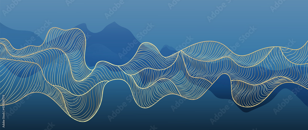 Mountain and gold line art abstract background vector. Luxury wallpaper design for wall art and home decoration background, canvas prints, banner, Natural wallpaper and fabric. 