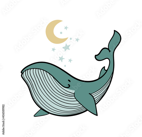 Colored whale with stars and moon, linear hand drawing in boho design. Bohemian nursery print, mystical illustration isolated on white background.
