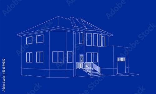 Perspective 3D suburban house. Drawing of the modern building. Cottage project on blue background. Vector architectural blueprint.