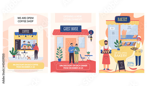 Opening of catering establishments vector illustration. Coffee shop, guest house and bakery. Announcement of discounts in cafes. Opening new establishment concept poster. Coffee and food industry