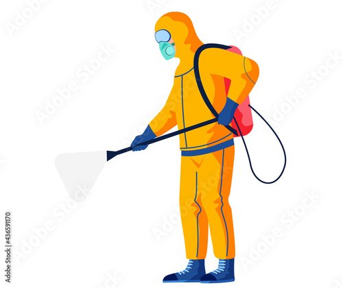 Disinfectant worker wearing hazmat suit is disinfecting. Preventive measures concept. Character in protective outfit isolated on white background. Man sprays disinfectant liquid from special balloon