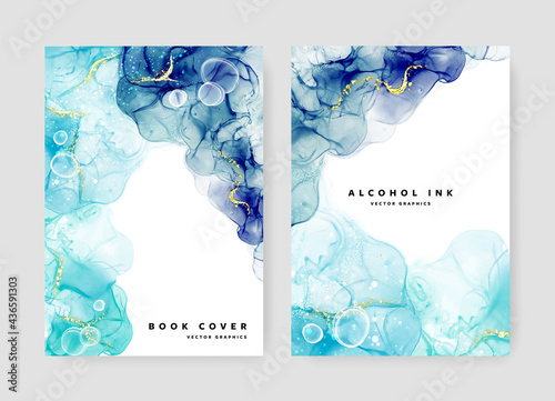 Abstract brochure A4 cover layout with gradient of blue alcohol ink texture, original background for print materials, booklet template design for business, watercolor texture, gold elements, bubbles
