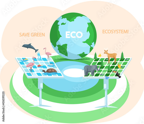 Alternative sources of energy, solar panels. Production of green electricity. Creation of eco friendly energy. Biodiversity, conservation and environmental protection. Save ecosystem concept