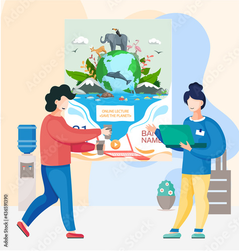 Biodiversity, conservation and environmental protection. Green ecosystem of Earth. Elephant, deer, toucan and dolphin on planet. People work with online lecture about saving planet concept poster
