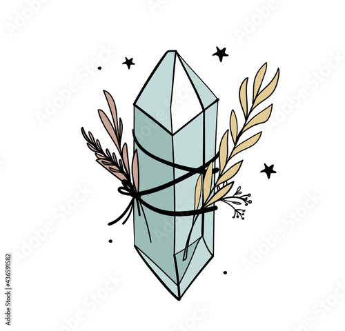 Crystal with branches and leaves, bohemian tattoo for witch, witchcraft concept, color boho illustration isolated on white background.