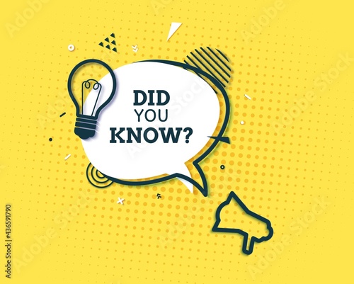 Did you know speech bubble and loudspeaker in paper cut style. Quiz show white sticker in memphis retro style on yellow background. Vector banner with black outline bulb sign and geometric shape