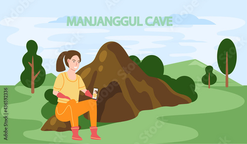 Manjanggul Cave famous landmark of Jeju Island in south Korea. Traveling to asia by landmark grotto in mountain. Female tourist sits near stone mount in cartoon style main attraction of green island photo