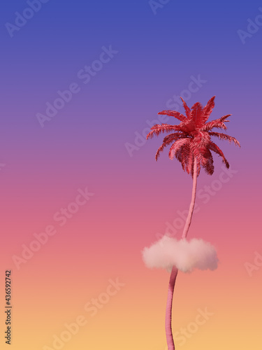 pink palm tree tropical sunset cloud minimal 3d rendering