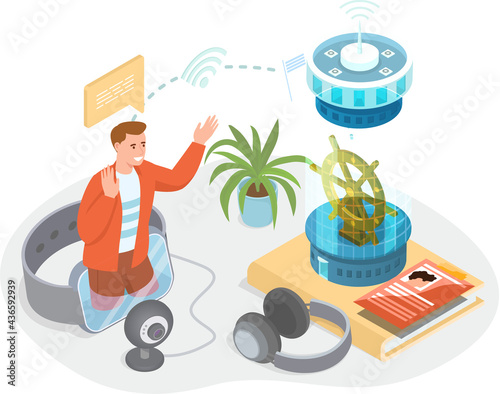 Man with headphones peeking out of vr glasses at home or in office at desk with wi fi device. Communication with friend and colleague via video online, urgent meeting, remote work, freelance