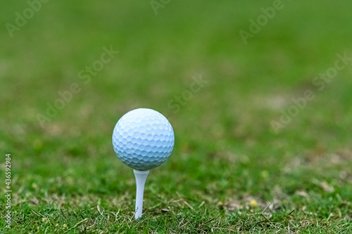 Golf ball on a tee with green background