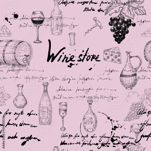 Vector Seamless pattern Wine grape branche, bottles, glasses, unreadable text, wooden barrel, chees, corkscrew. Doodle sketch hand drawing. Vector illustartion isolated retro