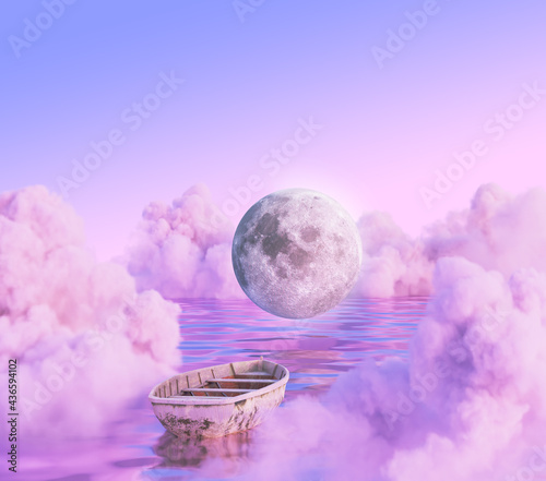 surreal dream cloud moon art 3d rendering