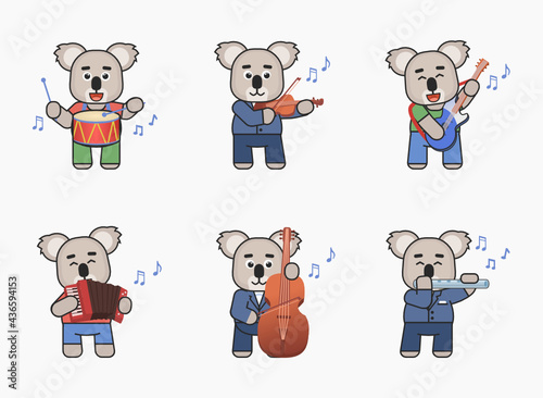 Set of koala bear characters playing on various musical instruments. Cute koala playing on drum, violin, guitar, accordion, flute, double bass. Vector illustration bundle