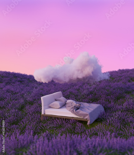 lavender bed cloud surreal art 3d rendering