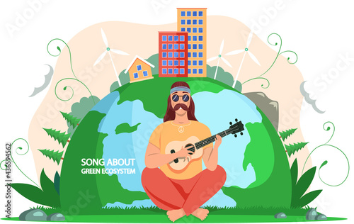 Man spends free time outdoor. Male bard plays guitar on background of planet. Guy singing songs about green ecosystem, person rests in nature. Caring for environment of Earth. Musician performs music