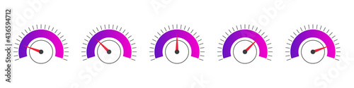Indicator icons. Scale low, medium or high gauge or meter indicator. Performance measurement. Vector illustration