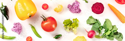 Fototapeta Naklejka Na Ścianę i Meble -  Healthy vegan diet panorama, top shot on a white background. Fresh summer salad ingredients