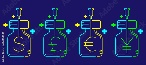 Logo covid-19 vaccine Currency symbol dollar euro yen pound sterling in bottle and Syringe Tip with cross icon, Vaccination commercial cost illustration green, yellow isolated on dark blue background