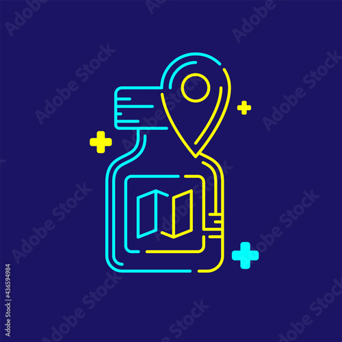 Logo covid-19 vaccine bottle map and GPS navigator sign with cross icon, Vaccination Campaign travel bubble guide illustration blue, yellow color isolated on dark blue background