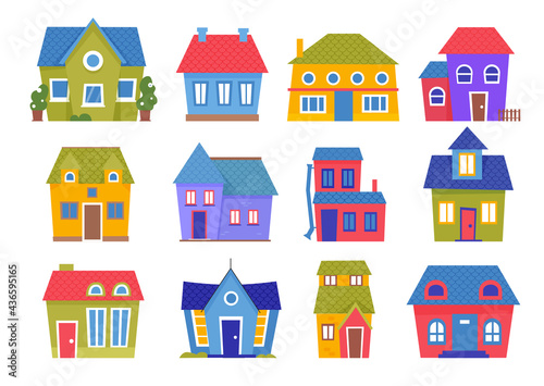 Cute small houses in town or village vector illustration set. Cartoon various houses facade collection, colorful building cottage with door, window and chimney on roof, front view isolated on white