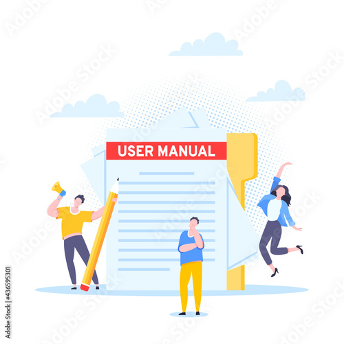 User manual guide book flat style design vector illustration. Tiny people and giant pencil working together with guide book. Specifications user guidance document.