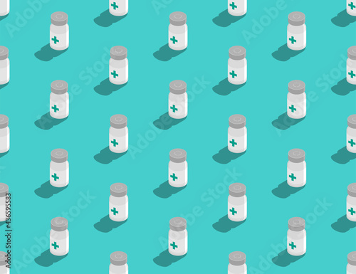 Isometric seamless pattern covid-19 vaccine bottle with cross symbol  Vaccination Campaign quality concept design illustration isolated on green background
