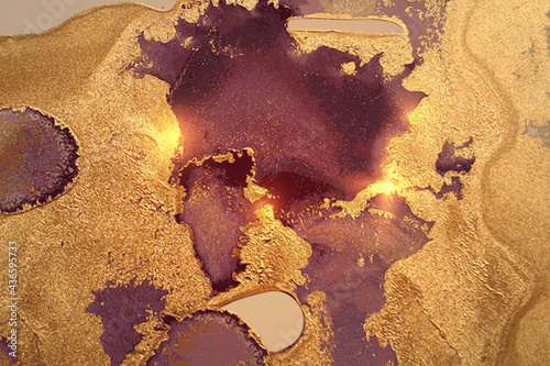 Dark gold and burgundy abstract alcohol ink marble texture. Vector shining background with natural pattern and glitter. Template for banner, poster design. Fluid art painting
