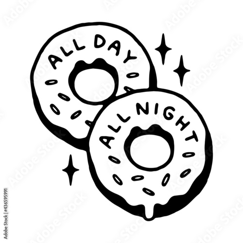ALL DAY ALL NIGHT TWO DONUTS LOGO BLACK WHITE BACKGROUND