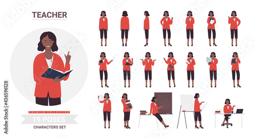 African american black teacher woman poses vector illustration set. Cartoon smiling female school teacher character posing work pupils students, teaching postures lecture lesson collection isolated