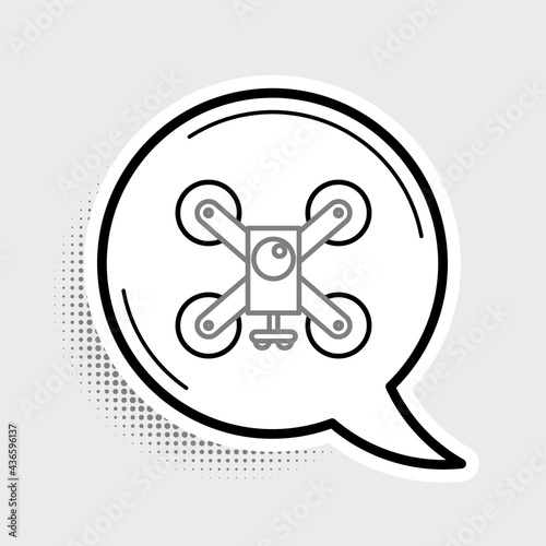 Line Drone flying with action video camera icon isolated on grey background. Quadrocopter with video and photo camera symbol. Colorful outline concept. Vector