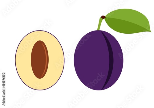 Plum with leaves and plum half.  Vector graphics on a white background.