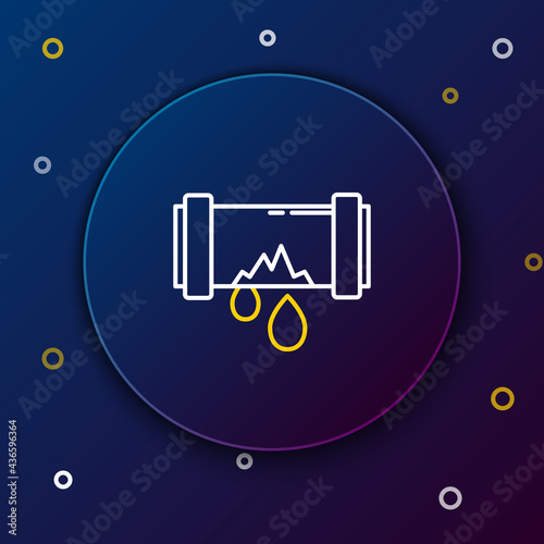 Line Broken metal pipe with leaking water icon isolated on blue background. Colorful outline concept. Vector