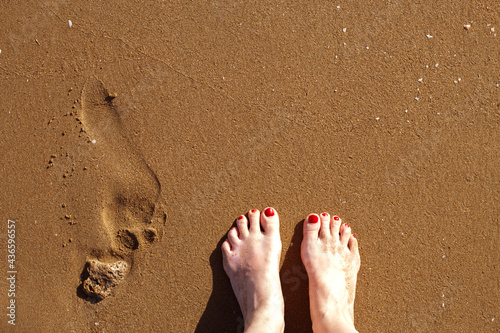 a human footsteps and female feet on a sandy beach