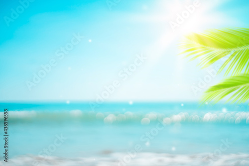 Blur beautiful nature green palm leaf on tropical beach with bokeh sun light wave abstract background. © tonktiti