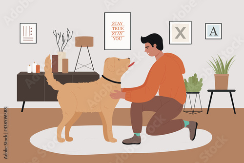 Man pet owner with playful dog friend vector illustration. Cartoon smiling guy character playing with doggy in cozy home living room interior, happy friendship with puppy domestic animal background