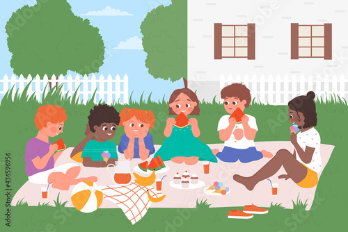 Kids eat picnic food, children friends spend fun time on picnic together in garden vector illustration. Cartoon happy boy girl child character holding watermelon slices, eating ice cream background